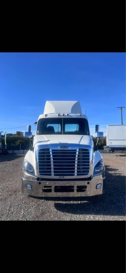 White Freightliner semi truck with blue grille parked in lot, front view under clear blue sky
